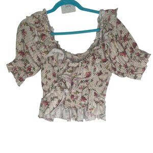 Free People Favorite Top Womens S‎ Pink Floral Smocked Ruffled Peasant Feminine